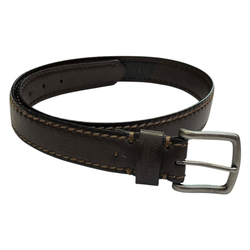 Levis Mens Brown Leather Belt Small 30-32 Contrast Stitch Western Brown Work